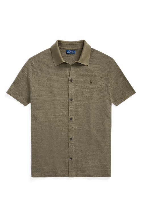 Shop Polo Ralph Lauren Slub Short Sleeve Cotton Knit Button-up Shirt In Thermal Green