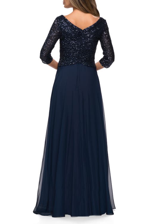 Shop La Femme Long Chiffon Evening Gown With Sequined Bodice In Navy