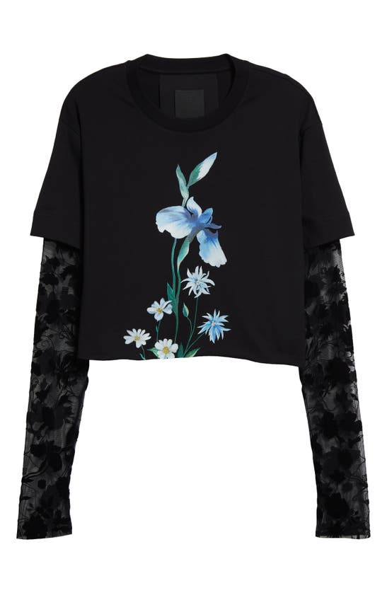 Shop Givenchy Floral Layered Long Sleeve Crop T-shirt In Black