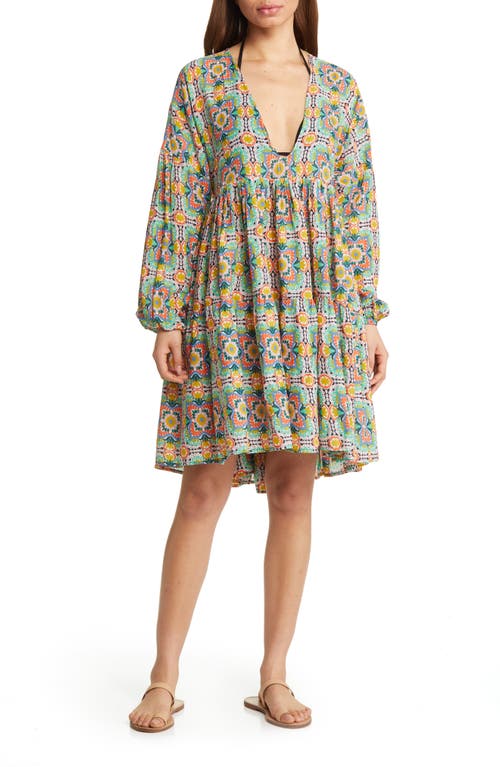 Tiered Long Sleeve Beach Dress in Multi Tapestry Tile