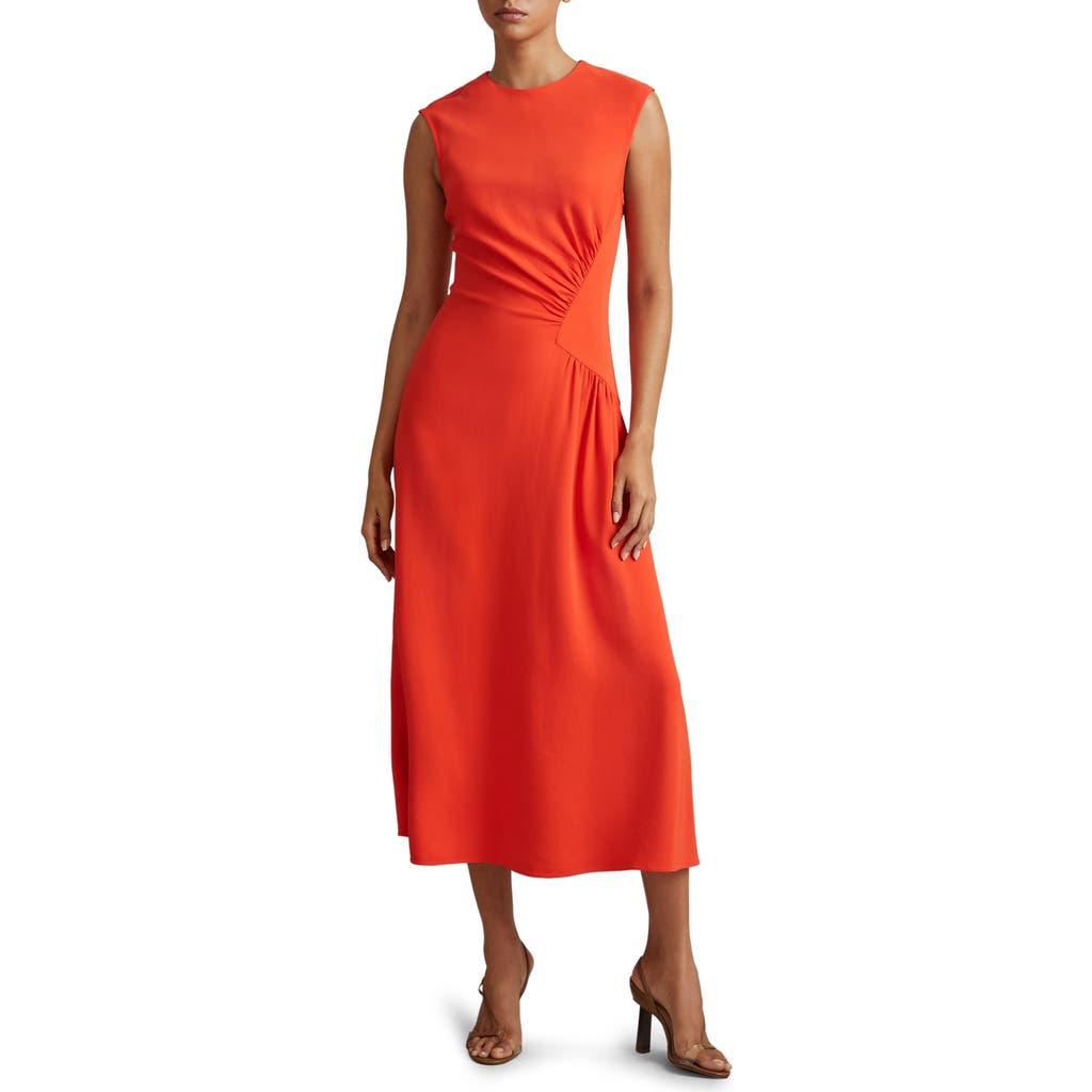 Reiss Orange Stacey Petite Ruched Midi Dress In Orange