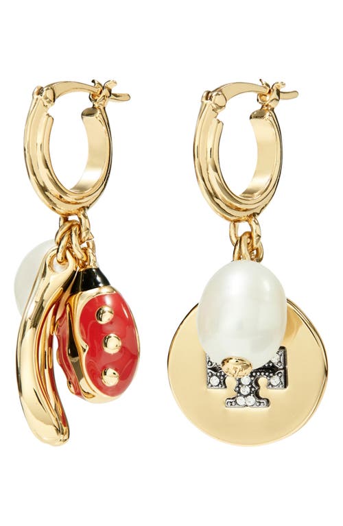 Tory Burch Mismatched Imitation Pearl Hoop Earrings In Tory Gold/cream/crystal