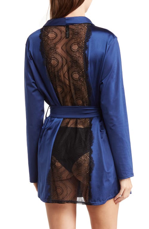 Shop Oh La La Cheri Saskia Lace Back Satin Wrap Robe In Estate Blue/black