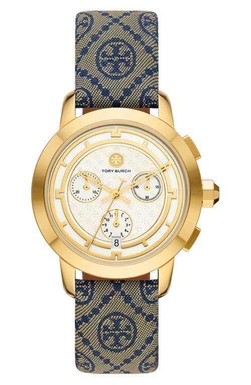 Tory Burch T-Monogram Chronograph Textile Strap Watch, 37mm in Navy Luggage at Nordstrom