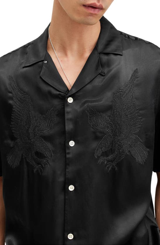 Shop Allsaints Aquila Embroidered Eagle Convertible Collar Camp Shirt In Jet Black