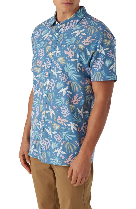 Shop O'neill Floral Print Short Sleeve Button-up Shirt In Blue