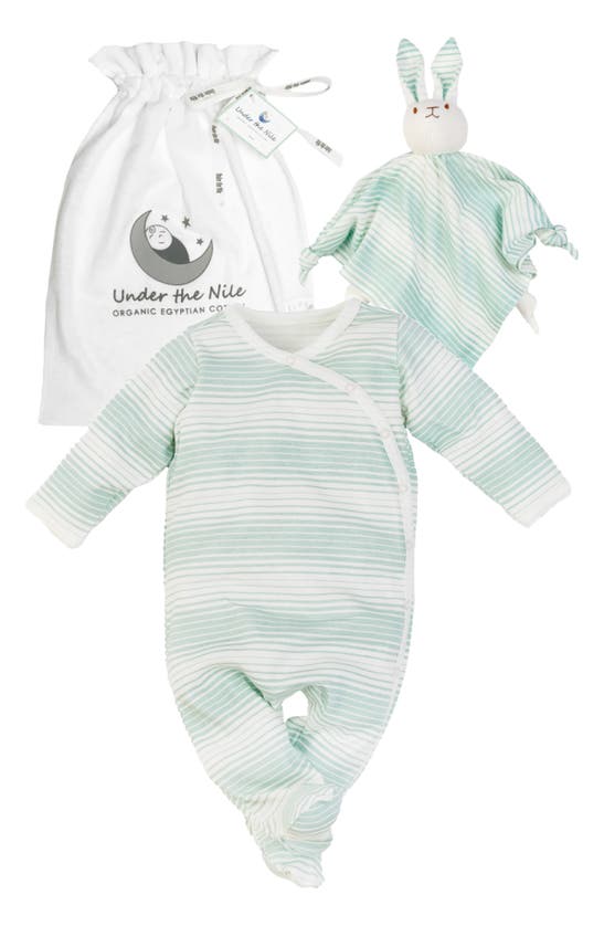 Under The Nile Babies' 2-piece Stripe Organic Cotton Footie & Bunny Lovey Toy Set In Sea Breeze