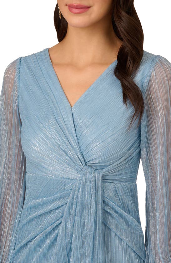 Shop Adrianna Papell Metallic Long Sleeve Mesh Evening Gown In Belize Blue