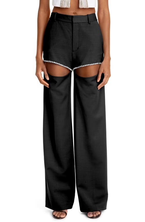 Area Crystal Embellished Cutout Straight Leg Stretch Wool Crepe Pants in Black