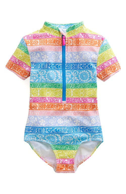 Boden Kids' Stripe Short Sleeve One-piece Rashguard Swimsuit in Ivory Multi Stripe