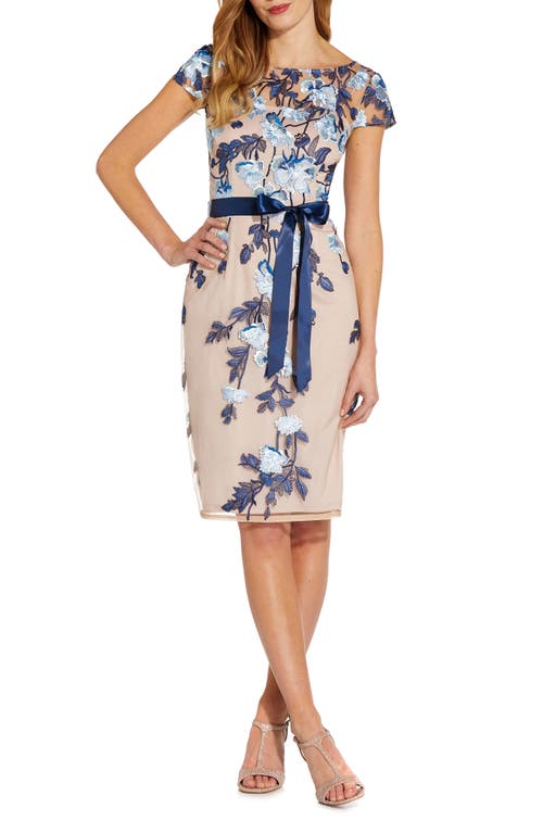 Adrianna Papell Embroidered Floral Tie Waist Sheath Dress In Midnight Multi/nude