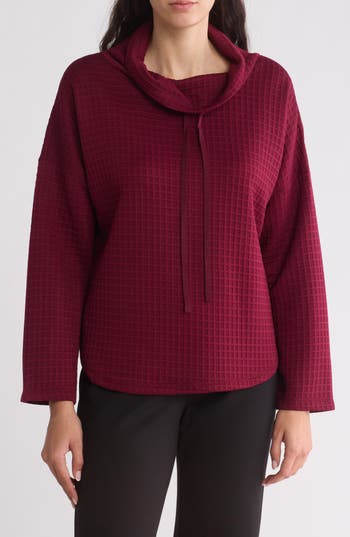 Max Studio Funnel Neck Waffle Knit Pullover In Oxblood