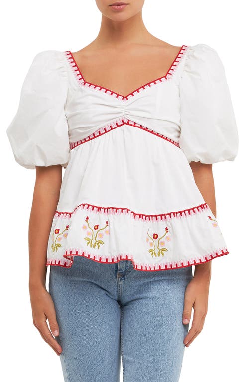 Shop English Factory Embroidered Puff Sleeve Peplum Cotton Top In Ivory/red