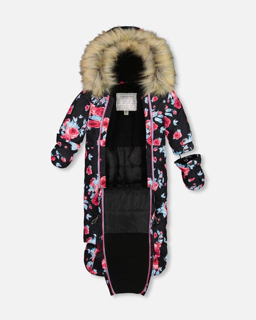 Shop Deux Par Deux Baby Girl's One Piece Baby Snowsuit Black Printed Roses Designed For Car Seat