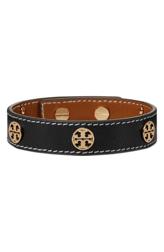 Tory Burch Miller Leather Bracelet In Tory Gold/black | ModeSens