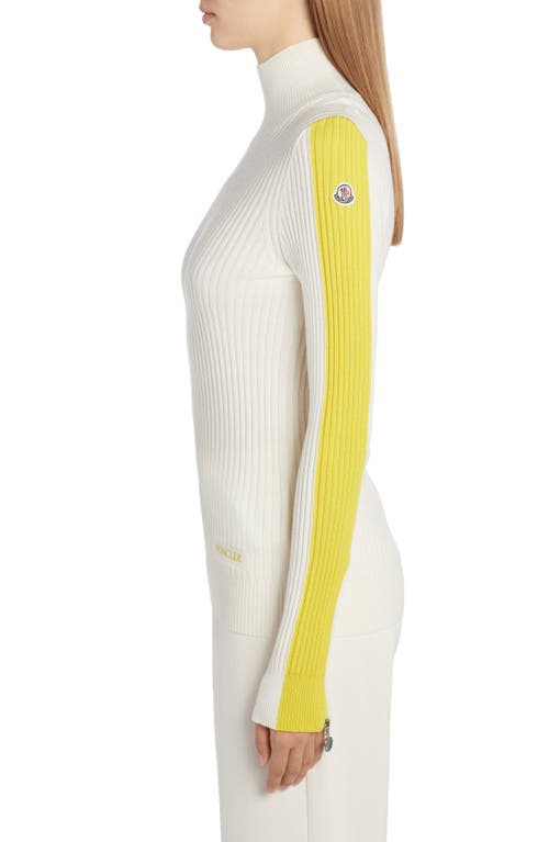 Shop Moncler Stripe Sleeve Funnel Neck Rib Wool Sweater In White/yellow