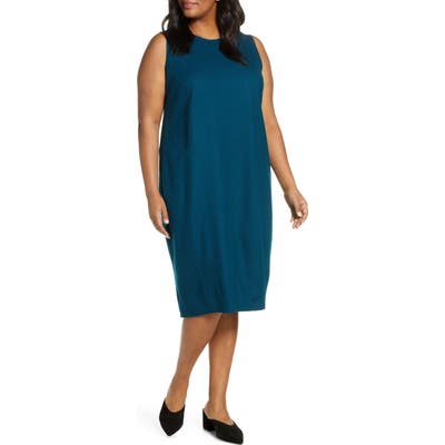Plus Size Eileen Fisher Crewneck Sleeveless Wool Lantern Dress, Blue