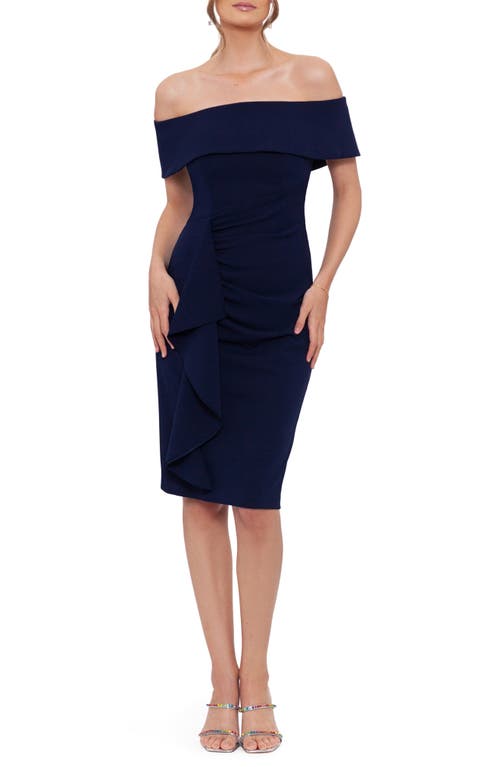 Xscape Evenings Off the Shoulder Ruffle Scuba Sheath Dress Navy at Nordstrom,