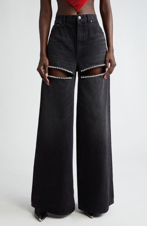 Area Crystal Embellished Cutout Wide Leg Jeans in Black at Nordstrom, Size 29