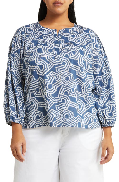 caslon(r) Print Split Neck Cotton Popover Top Blue at Nordstrom,