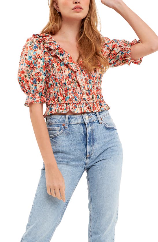 English Factory Floral Smocked Ruffle Cotton Top In Peach Multi