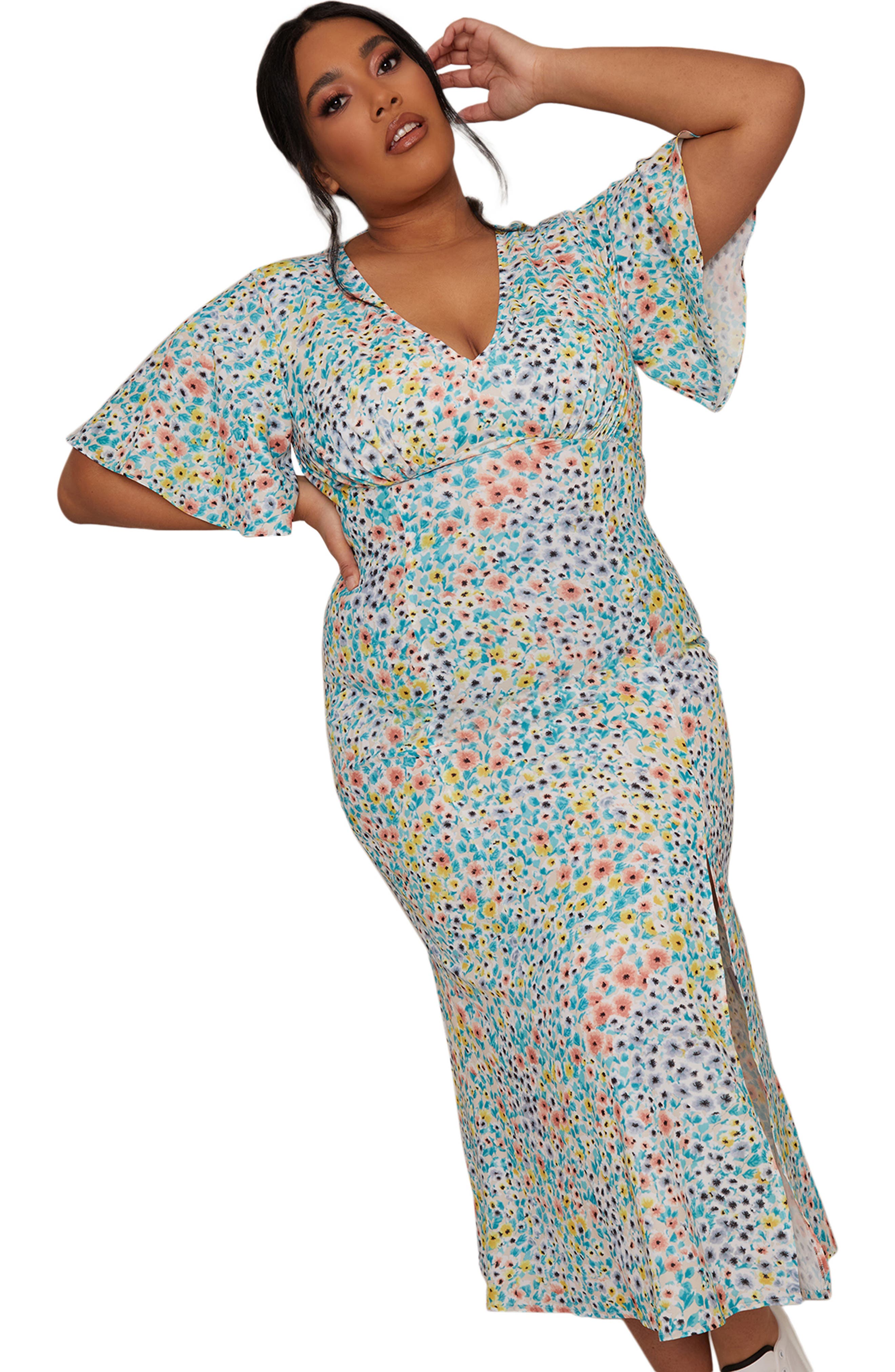 Chi Chi London Floral Flutter Sleeve Midi Dress in Multi at Nordstrom, Size 20W