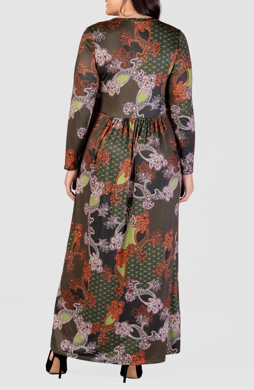 Shop 24seven Comfort Apparel Mixed Print Long Sleeve Knit Maxi Dress In Green Multi