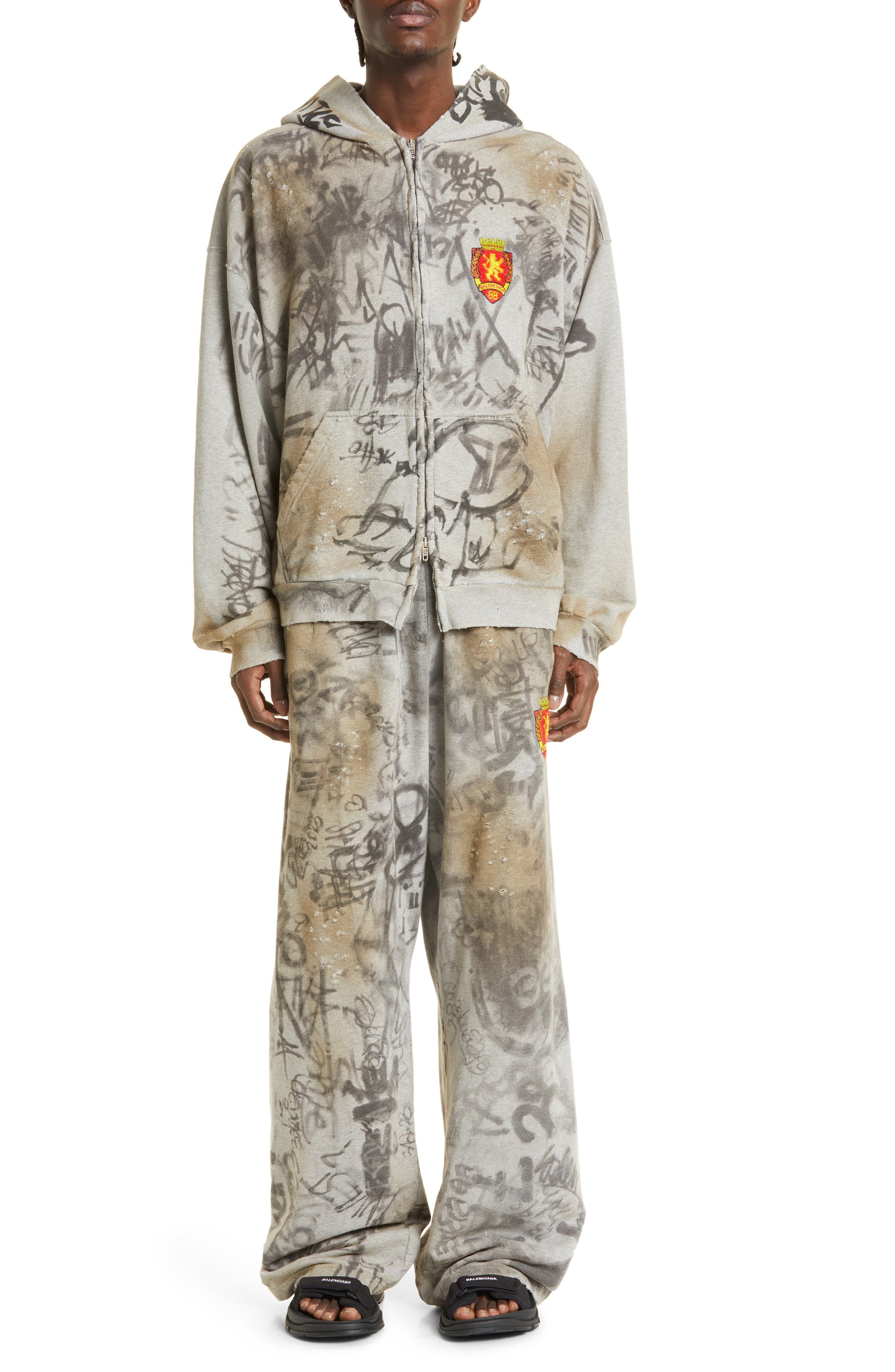 Balenciaga Skater Graffiti Dirty Effect Cotton Fleece Pants in 