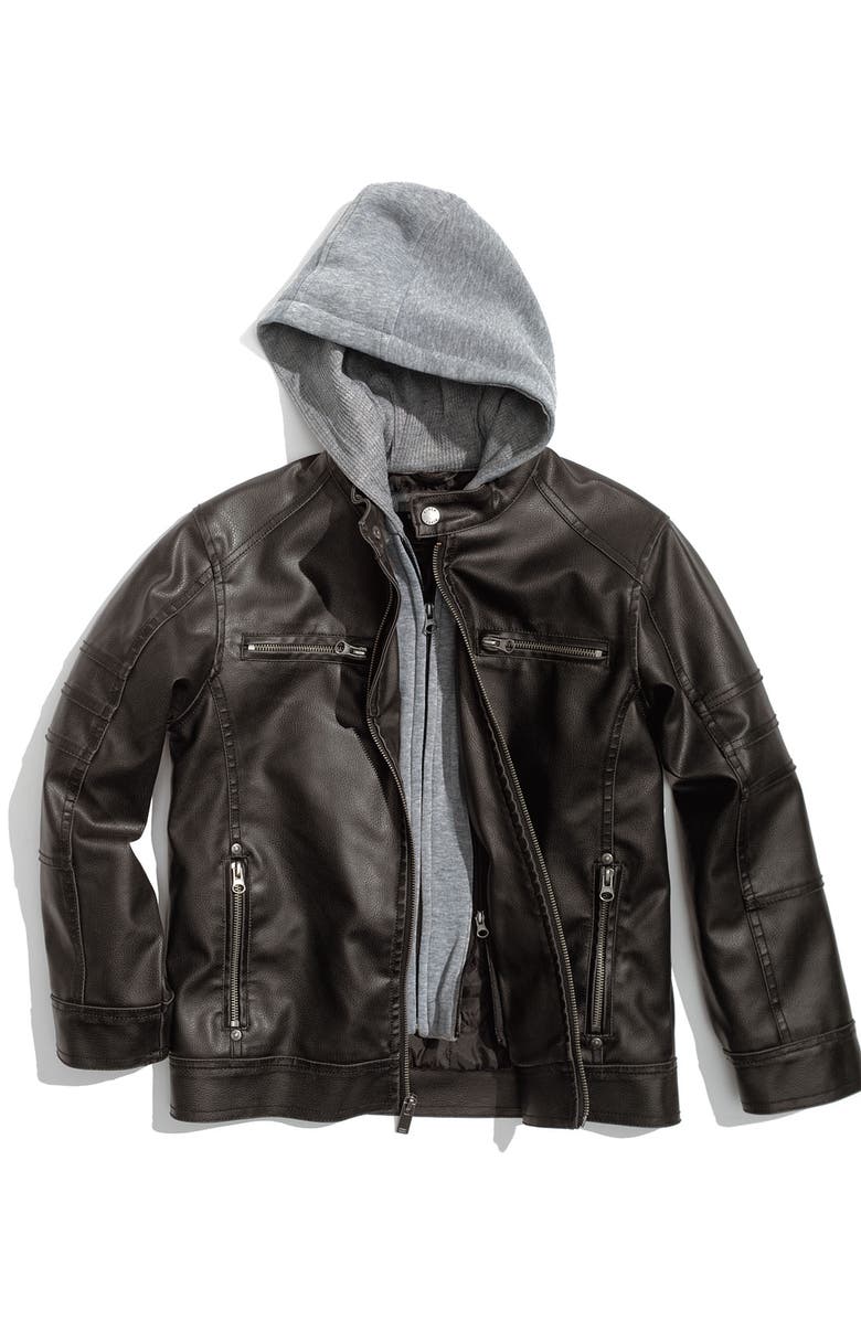 Black Rivet Hooded Faux Leather Jacket (Big Boys) | Nordstrom