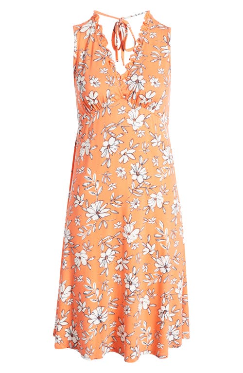 Shop Loveappella Floral Print Ruffle Empire Waist Dress In Coral/ivory