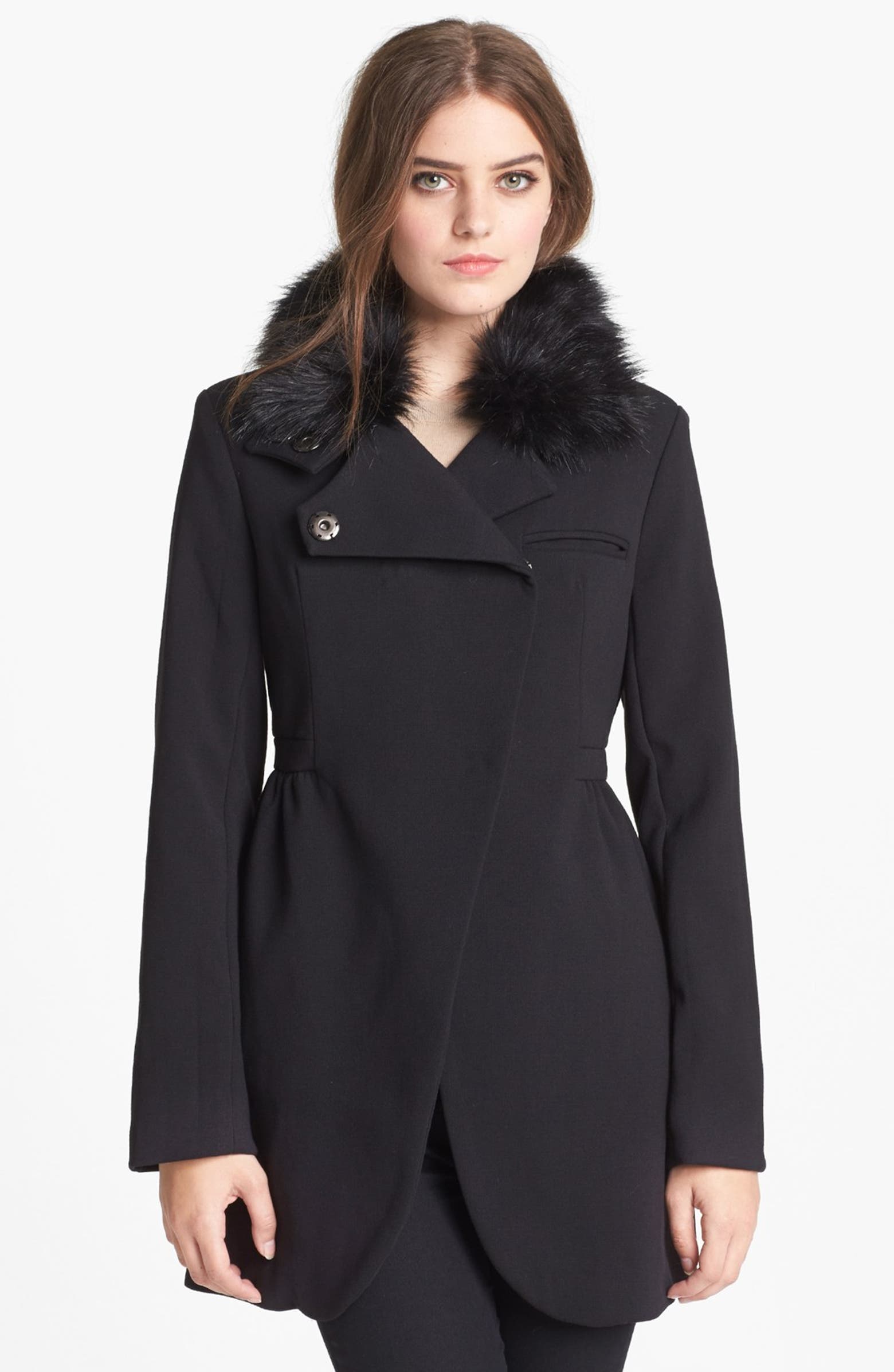 bebe Asymmetrical Coat with Detachable Faux Fur Collar | Nordstrom