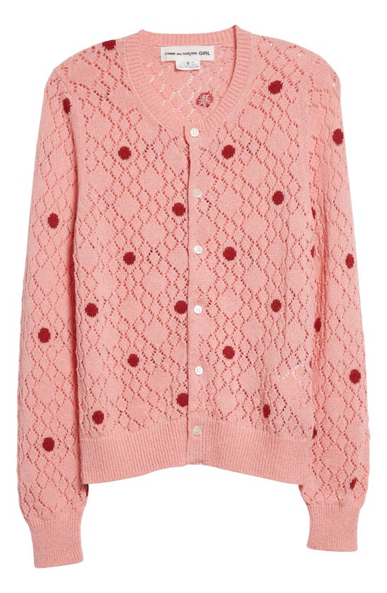 Comme Des Garcons Girl Dot Intarsia Pointelle Stitch Crewneck Cardigan In Pink