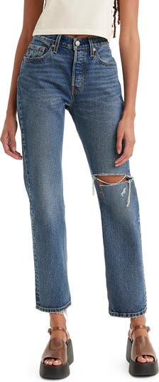 Levi's wedgie straight high rise ripped leg jeans in dark wash blue
