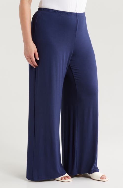 24seven Comfort Apparel Plus Size Elastic Waist Flared Leg Palazzo Pants In Navy