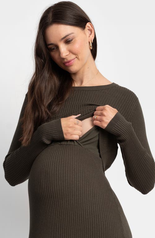 Shop Seraphine Two-piece Rib Maternity/nursing Sweater & Midi Dress Set In Khaki