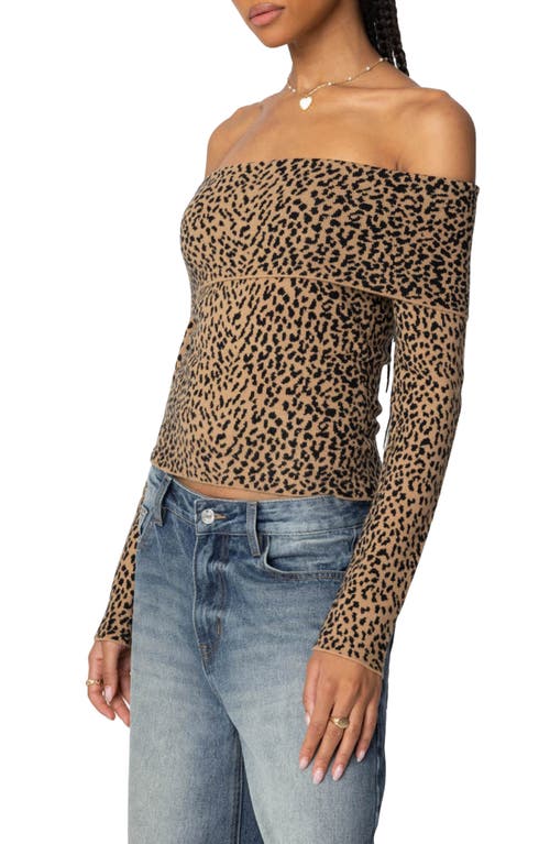 EDIKTED EDIKTED LEOPARD PRINT FOLD OVER OFF THE SHOULDER KNIT TOP 