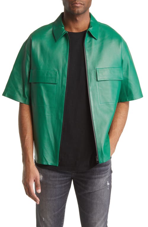FRAME Modern Leather Short Sleeve Zip-Up Shirt in Dress Green