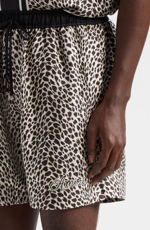 Shop Amiri Leopard Print Silk Shorts In Black Birch