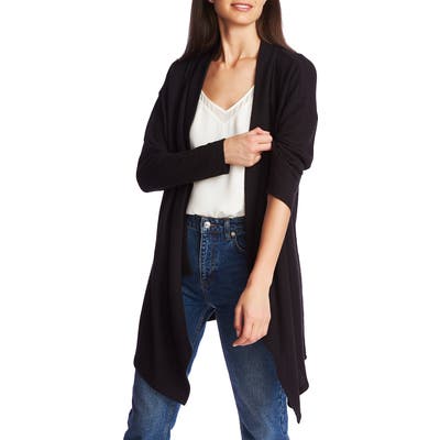 1.state Drape Front Waffle Knit Long Cardigan, Black