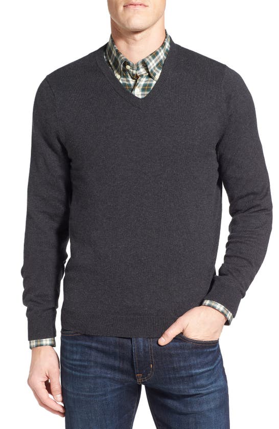 Nordstrom Shop Cotton & Cashmere V-neck Sweater In Grey Dark Charcoal Heather