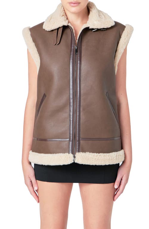 Endless Rose Faux Shearling Lined Faux Leather Vest In Chocolate Brown