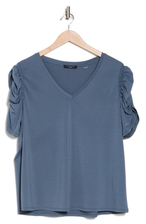 T Tahari Ruched V-neck T-shirt In Deep Slate Blue