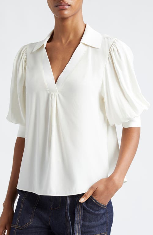 Cinq À Sept Weldon Collared V-neck Short-sleeve Silk Combo Top In Ivory