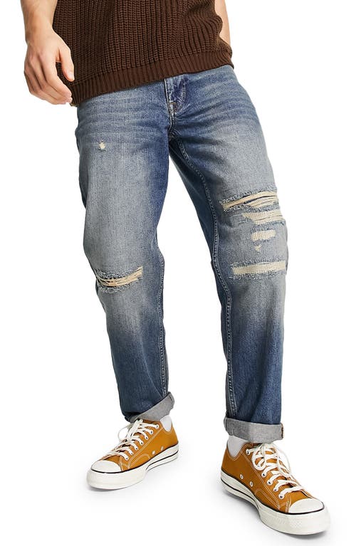 Topman Relaxed Rip & Repair Jeans in Mid Blue