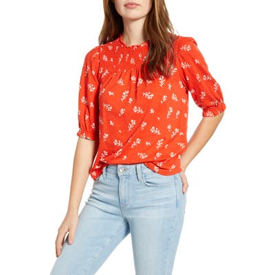 Lucky Brand Smocked Yoke Top, Red