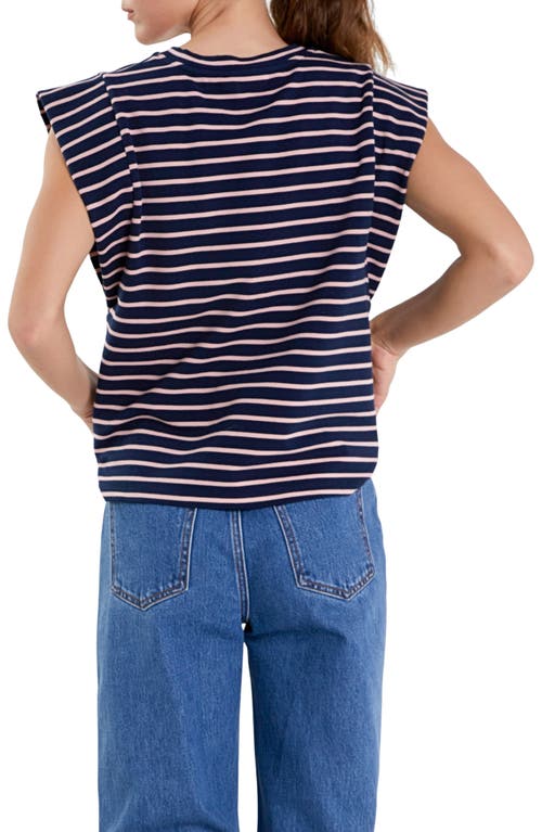 Shop English Factory Stripe Extended Shoulder T-shirt In Navy/pink