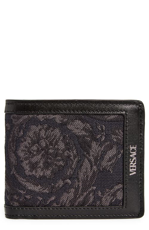 Versace Floral Jacquard & Leather Bifold Wallet in Black Black Ruthenium at Nordstrom