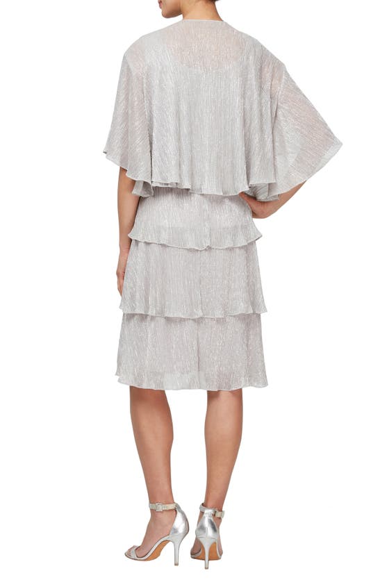 Sl Fashions Metallic Tiered Sleeveless Dress With Jacket In Pearl
