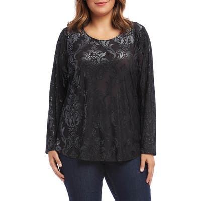 Plus Size Karen Kane Long Sleeve Metallic Shirttail Top, Black