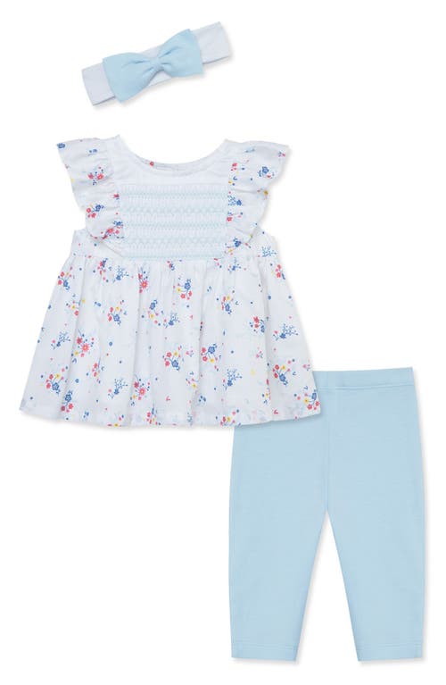 Little Me Smocked Floral Top, Leggings & Headband Set Blue at Nordstrom,